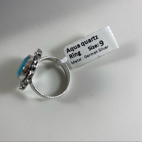 Ornate Aqua quartz cabochon German silver ring size 9 NEW - Picture 2 of 3
